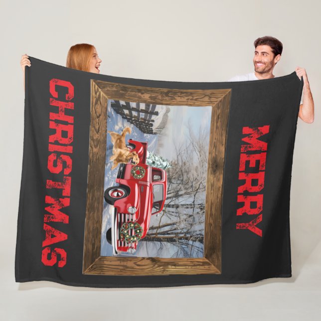 Merry Christmas Farm With Dog Throw Fleece Blanket (På plats)