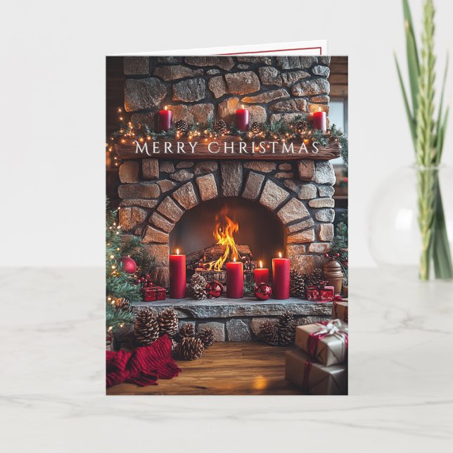 Merry Christmas  Fireplace Red Candles Pine Cones Kort (Framsida)