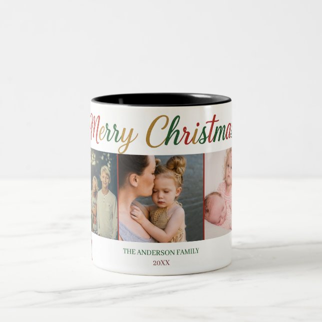 Merry Christmas Five Photo Mug – Custom Holiday Två-Tonad Mugg (Center)
