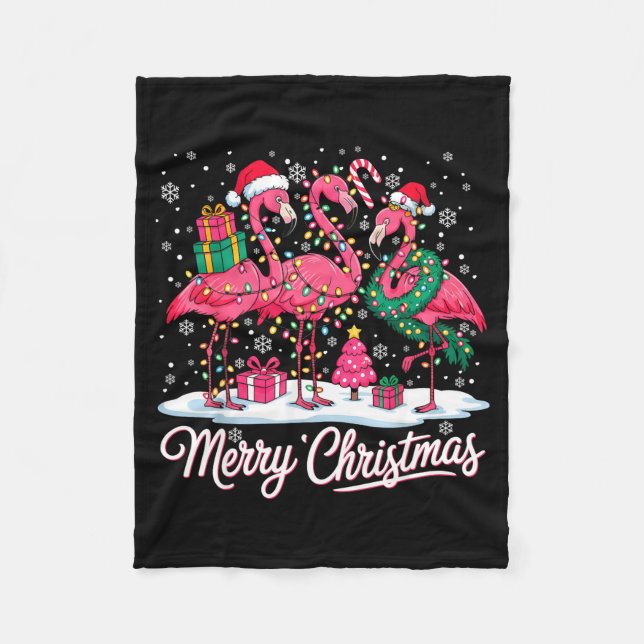 Merry Christmas Flamingo Lights Santa Hat Snow Xma Fleecefilt (Framsidan)