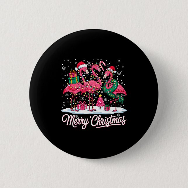 Merry Christmas Flamingo Lights Santa Hat Snow Xma Knapp (Framsida)