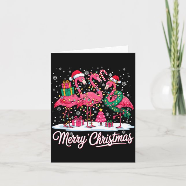 Merry Christmas Flamingo Lights Santa Hat Snow Xma Kort (Framsida)