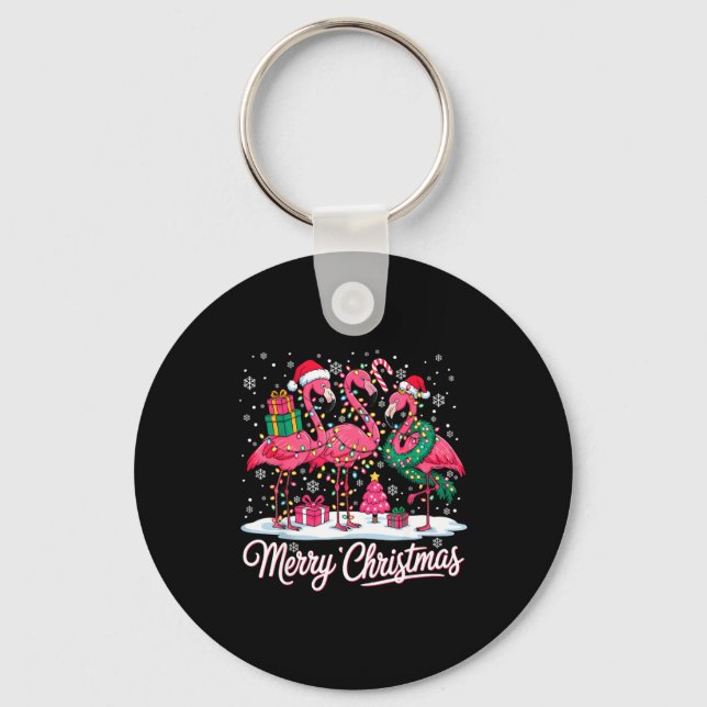 Merry Christmas Flamingo Lights Santa Hat Snow Xma Nyckelring (Framsida)