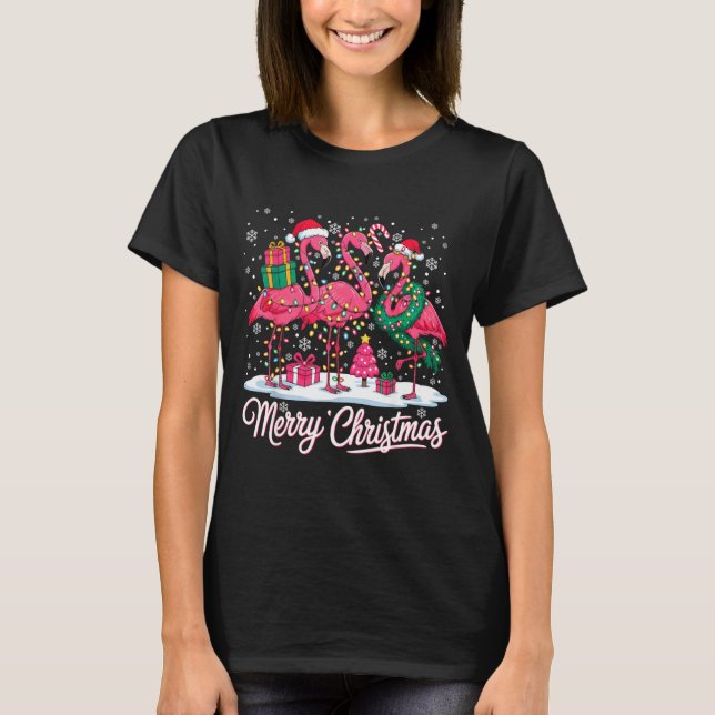Merry Christmas Flamingo Lights Santa Hat Snow Xma T Shirt (Framsida)