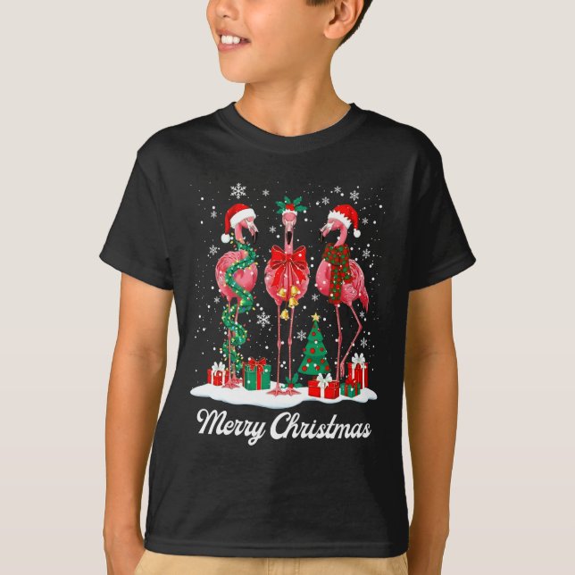 Merry Christmas Flamingo Santa Hat Christmas Light T Shirt (Framsida)