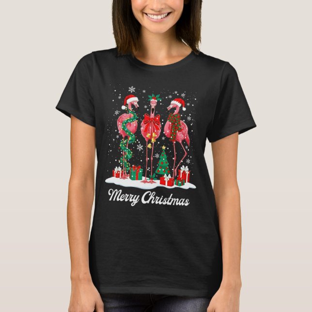 Merry Christmas Flamingo Santa Hat Christmas Light T Shirt (Framsida)