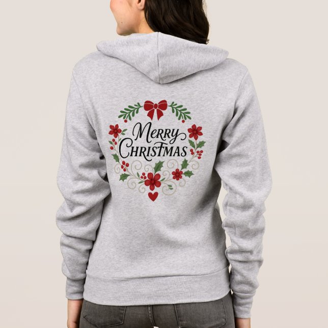 Merry Christmas Floral Wreath Zip-Up Hoodie T Shirt (Baksida)