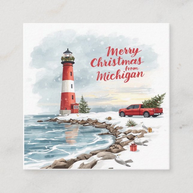 Merry Christmas from Michigan – Coastal Lighthouse Fyrkantigt Visitkort (Framsida)