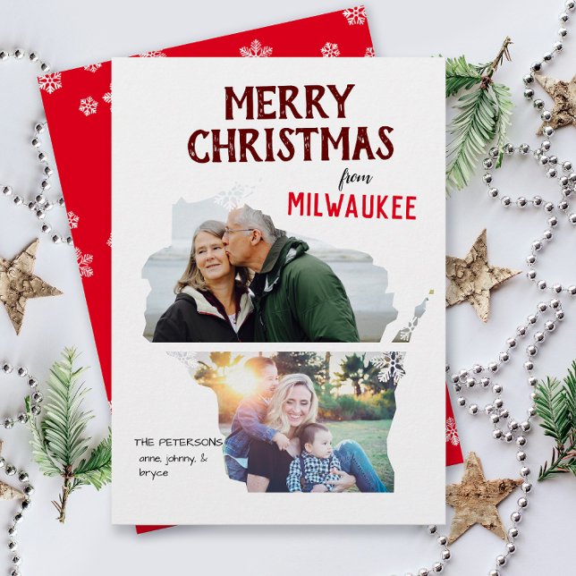 Merry Christmas from Wisconsin Two Photo Julkort (From Wisconsin with love two photo Christmas holiday card for families, moving announcement )