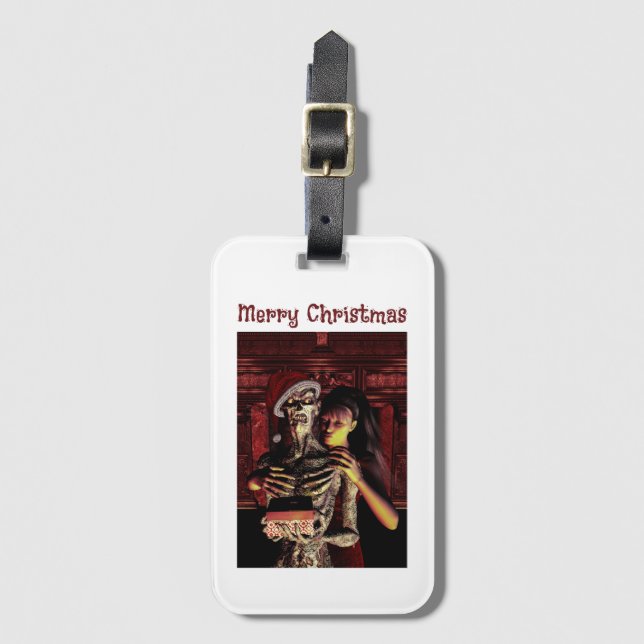 Merry Christmas. Funny skeleton with woman Bagagebricka (Framsida vertikal)