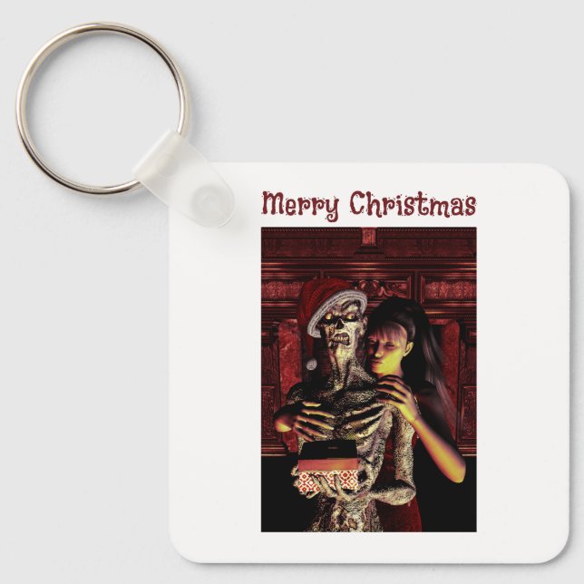 Merry Christmas. Funny skeleton with woman Nyckelring (Framsida)