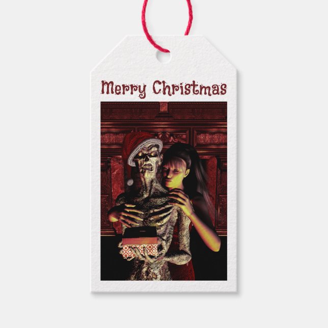 Merry Christmas. Funny skeleton with woman Presentetikett (Framsidan)