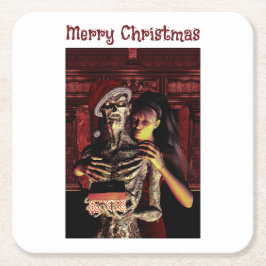 Merry Christmas. Funny skeleton with woman Underlägg Papper Kvadrat