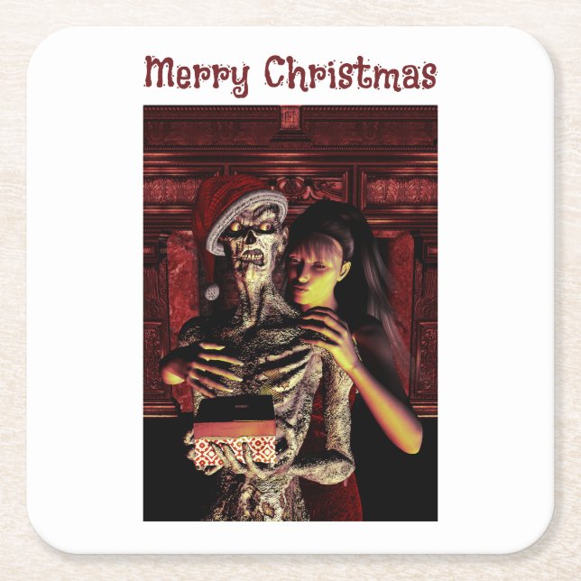 Merry Christmas. Funny skeleton with woman Underlägg Papper Kvadrat (Framsidan)