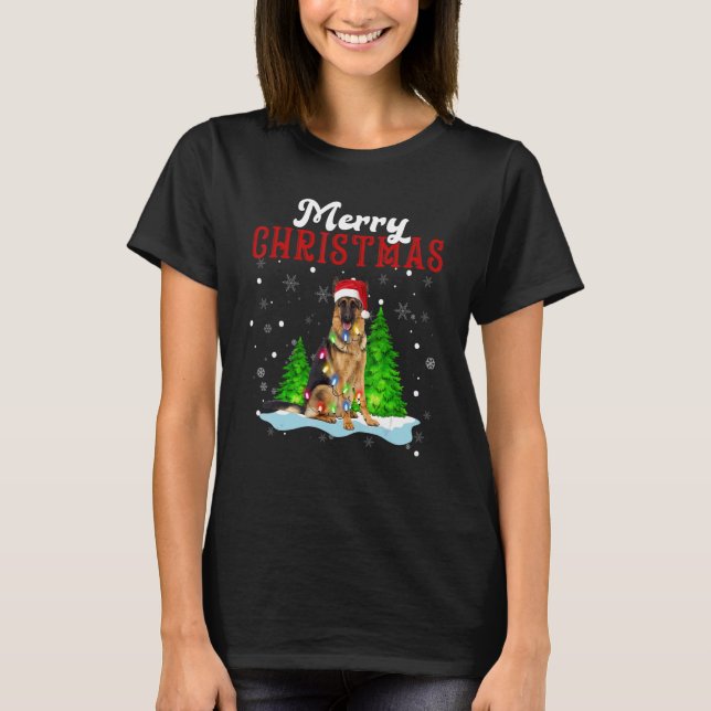 Merry Christmas German Shepherd Tree Lights Dog T Shirt (Framsida)
