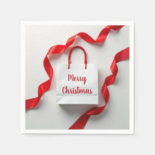 Merry Christmas Gift Bag With Red Ribbons Pappersservett (Framsidan)