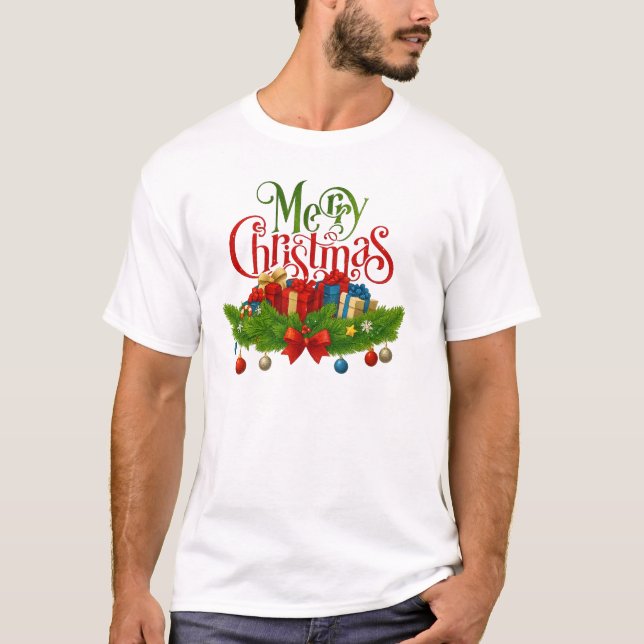 Merry Christmas Gifts & Garland Holiday Tee. T Shirt (Framsida)