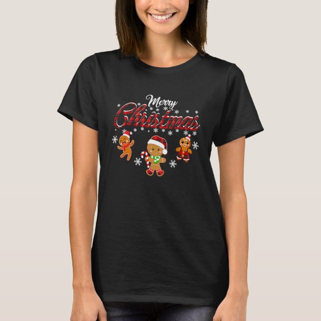 Merry Christmas Gingerbread Xmas Red Plaid Cookie  T Shirt (Framsida)