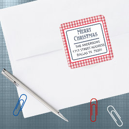 Merry Christmas Gingham Plaid 1.5" Address Sticker Fyrkantigt Klistermärke