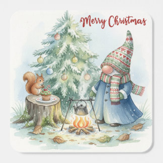 Merry Christmas Gnome and the Christmas Tree Fyrkantigt Klistermärke