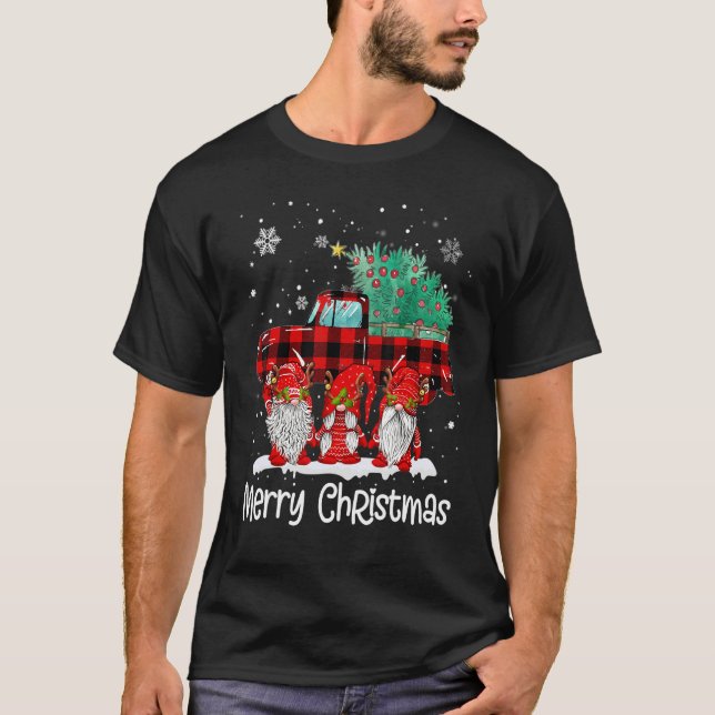 Merry Christmas Gnomes Santa Reindeer Plaid Truck  T Shirt (Framsida)