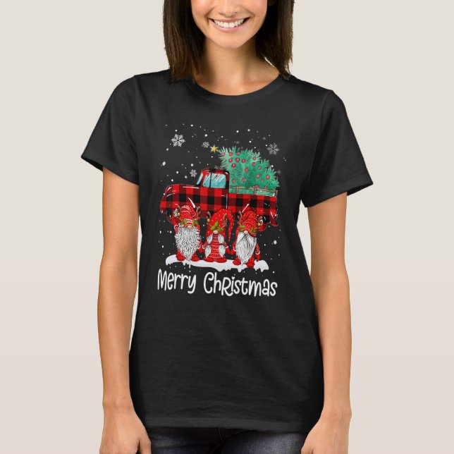 Merry Christmas Gnomes Santa Reindeer Plaid Truck  T Shirt (Framsida)