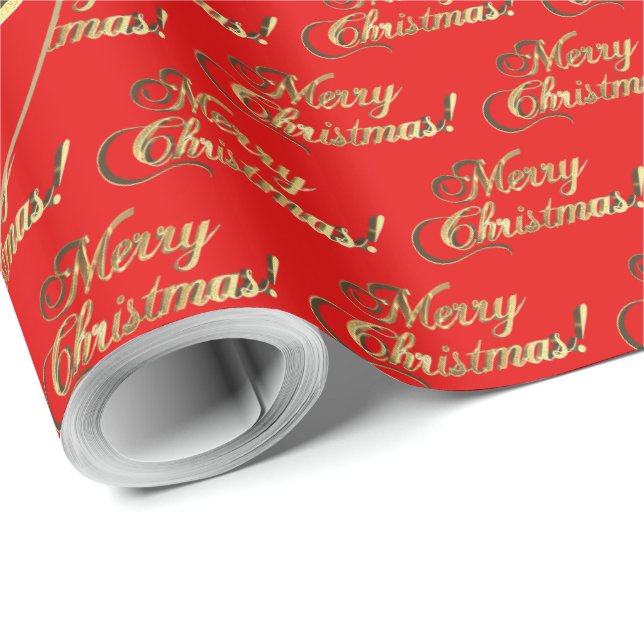 Merry Christmas Gold Foil Script Bright Red Presentpapper (Rullad Hörn)