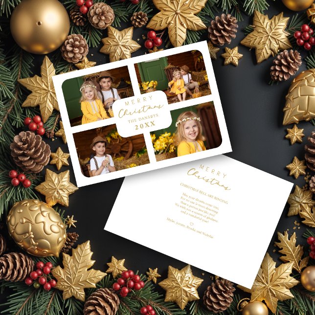 Merry Christmas Golden Minimalist 4 Photos Collage Julkort (Cute Merry Christmas Golden Minimalist 4 Photos Collage Holidays Cards with Envelope.)