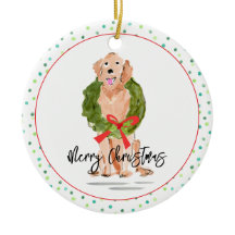 Merry Christmas Golden Retriever Dog Wreath Holly