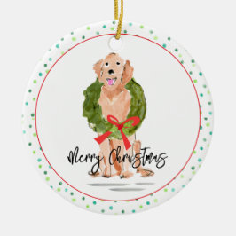 Merry Christmas Golden Retriever Dog Wreath Holly  Julgransprydnad Keramik