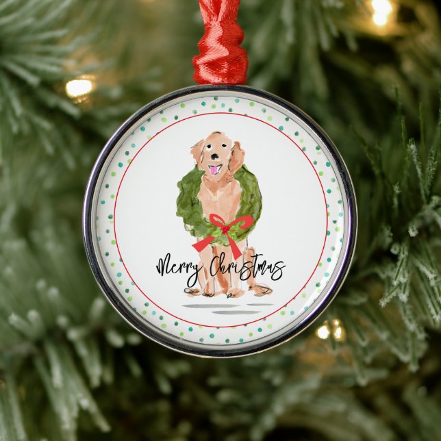Merry Christmas Golden Retriever Dog Wreath Holly  Julgransprydnad Metall (Träd)