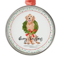 Merry Christmas Golden Retriever Dog Wreath Holly