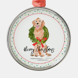 Merry Christmas Golden Retriever Dog Wreath Holly  Julgransprydnad Metall