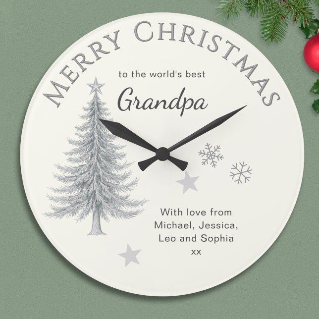 Merry Christmas Grandpa Cream Keepsake Stor Klocka (A Christmas clock for the 'world's best Grandpa', with tree, snowflakes, stars and your own message)