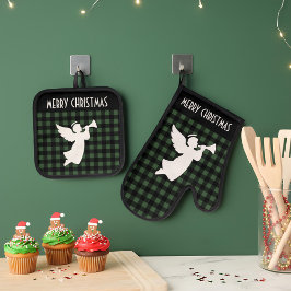 Merry Christmas Green & Black Buffalo Plaid Angel