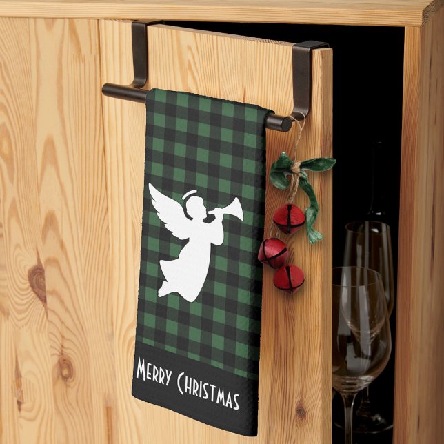 Merry Christmas Green & Black Buffalo Plaid Angel Kökshandduk (Skapare uppladdad)