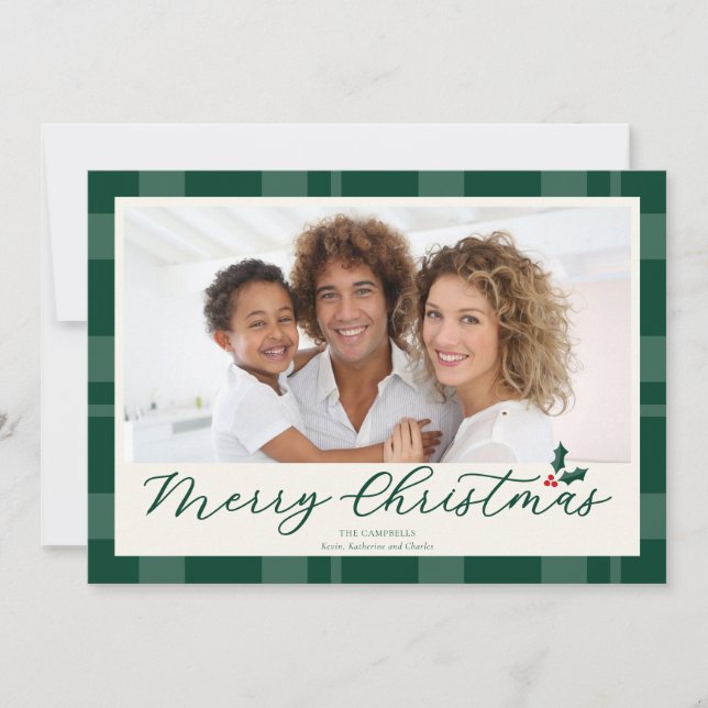 Merry Christmas Green Plaid Photo Julkort (Framsida)