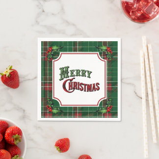 Merry Christmas Green Plaid with Holly Pappersservett