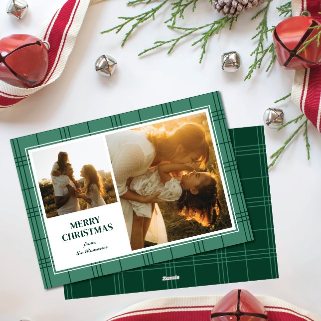 Merry Christmas Green Stripe Plaid Two Photo Frame Julkort (Skapare uppladdad)