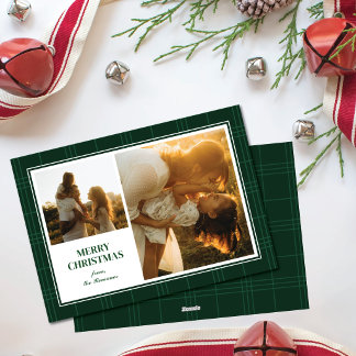 Merry Christmas Green Stripe Plaid Two Photo Frame Julkort
