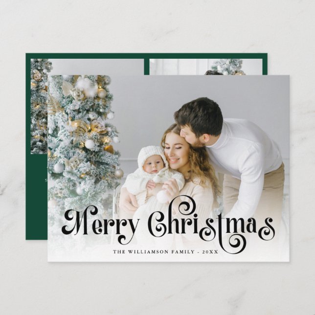 Merry Christmas Green Stylish Lettering Photo  Julkort (Fram/baksida)