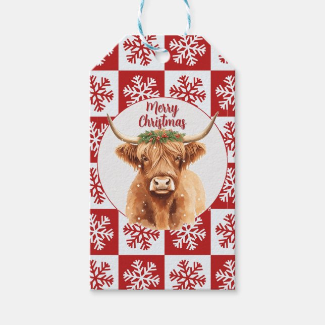 Merry Christmas Greenery Highland Miniature Cow Presentetikett (Framsidan)
