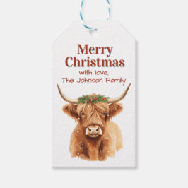 Merry Christmas Greenery Highland Miniature Cow Presentetikett
