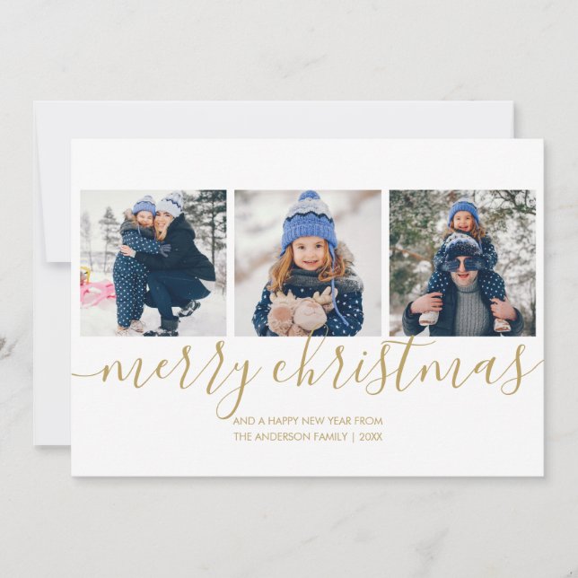 Merry Christmas Guld Script 3 Foto Julkort (Framsida)