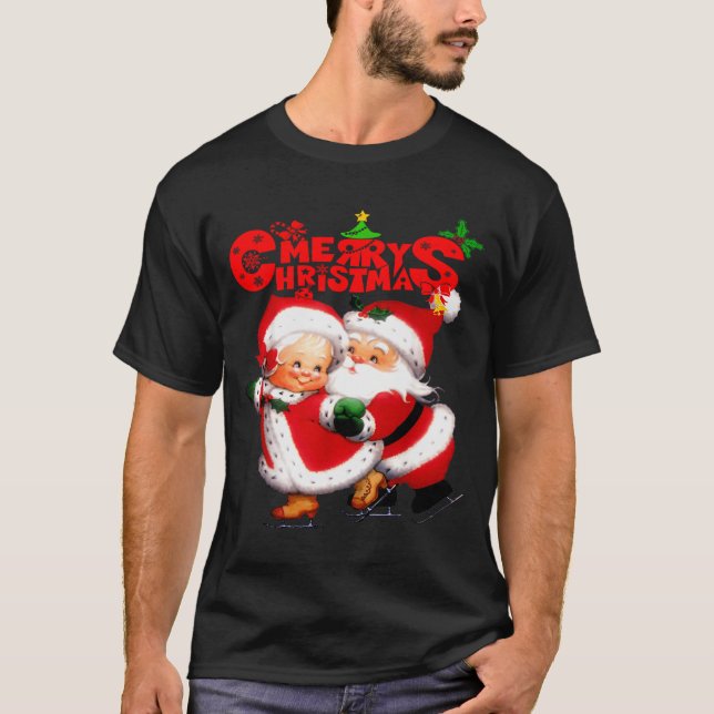Merry Christmas - Happy Cute Mrs Claus And Mr Clau T Shirt (Framsida)