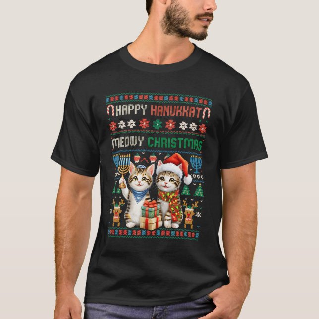 Merry Christmas Happy Hanukkah Cat Hanukkat Jewish T Shirt (Framsida)