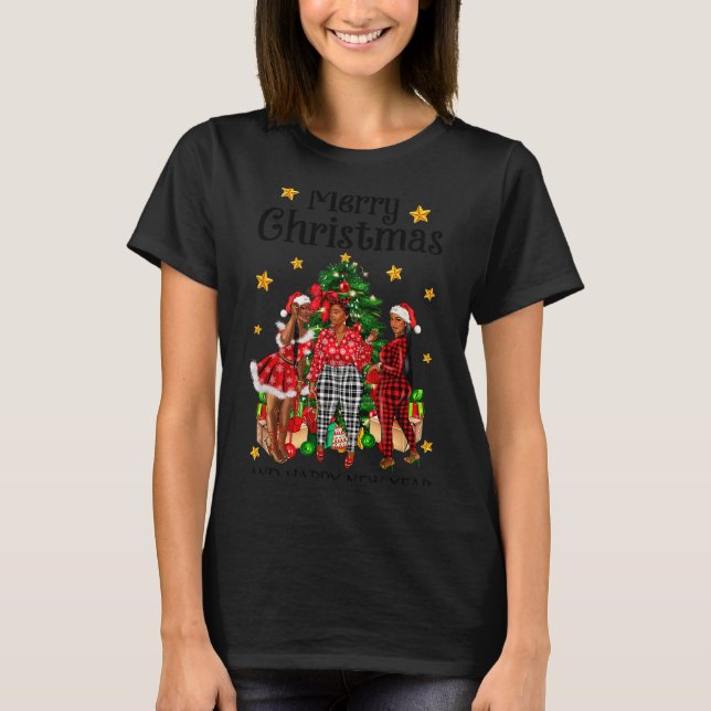 Merry Christmas Happy New Year African American Bl T Shirt (Framsida)