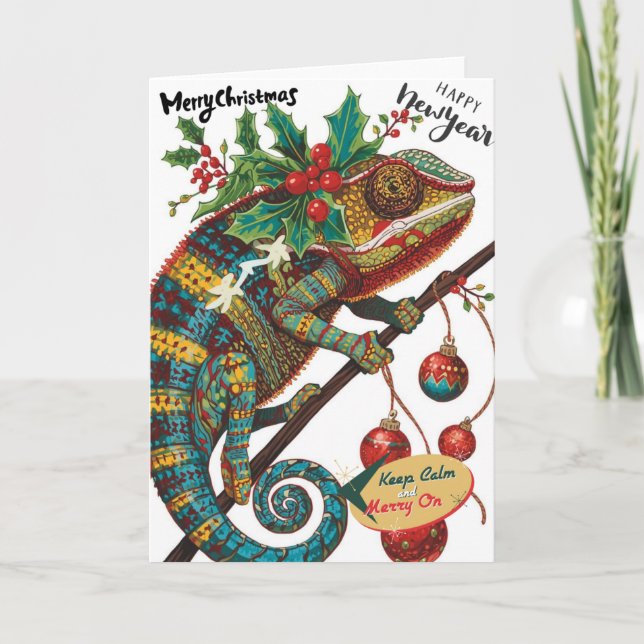 Merry Christmas Happy New Year Colorful Chameleon Helgkort (Framsida)