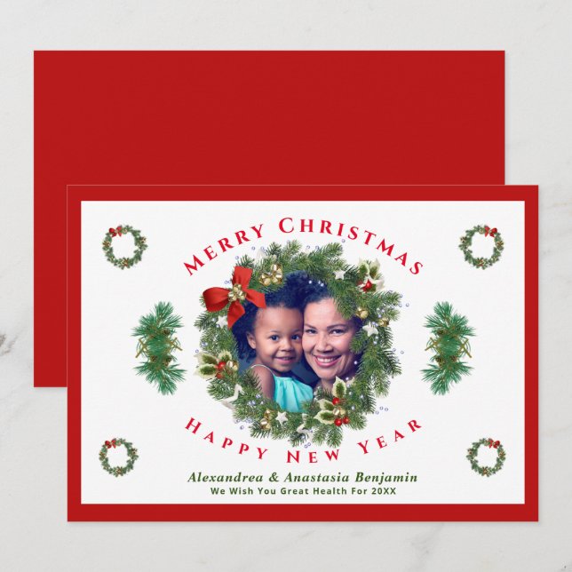 Merry Christmas Happy New Year Family Photo Custom Julkort (Fram/baksida)