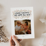 Merry Christmas Happy New Year Floral Holiday Card Julkort<br><div class="desc">Stylish,  elegant and personalized; featuring your photo with handwritten styled type accented by hand drawn pine leaves and berries. The back features a festive snow pattern.</div>